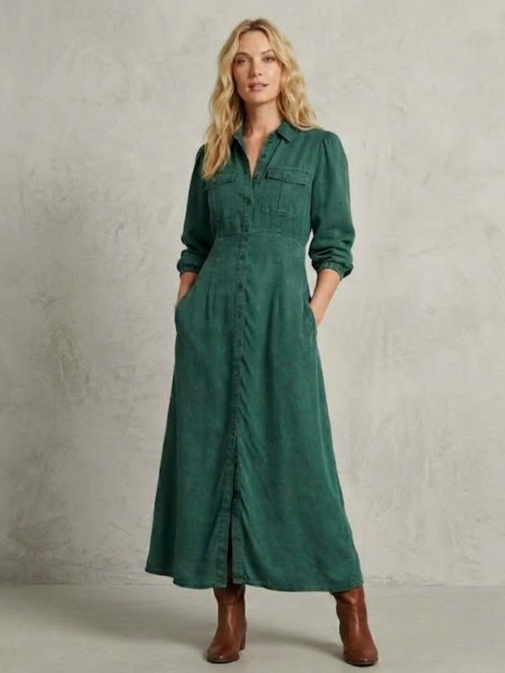 Ever New Petite washed effect Lyocell Utility Maxi Shirt Dress Green US 2P